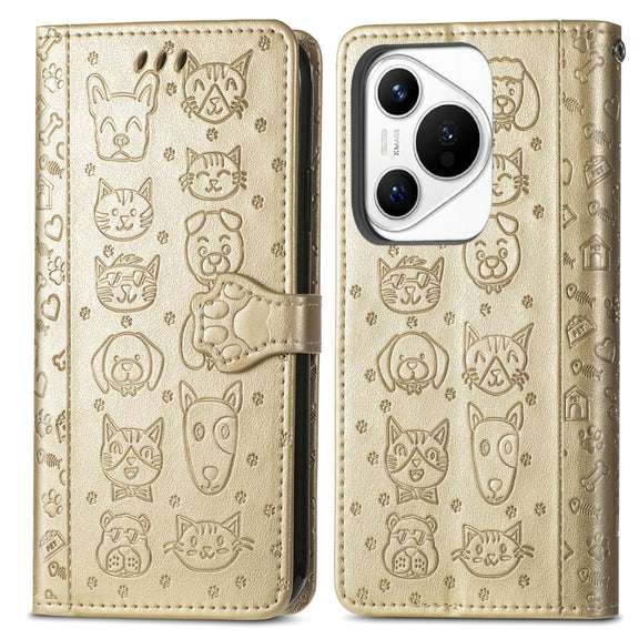 For Huawei Pura 70 Cat and Dog Embossed Leather Phone Case(Gold)