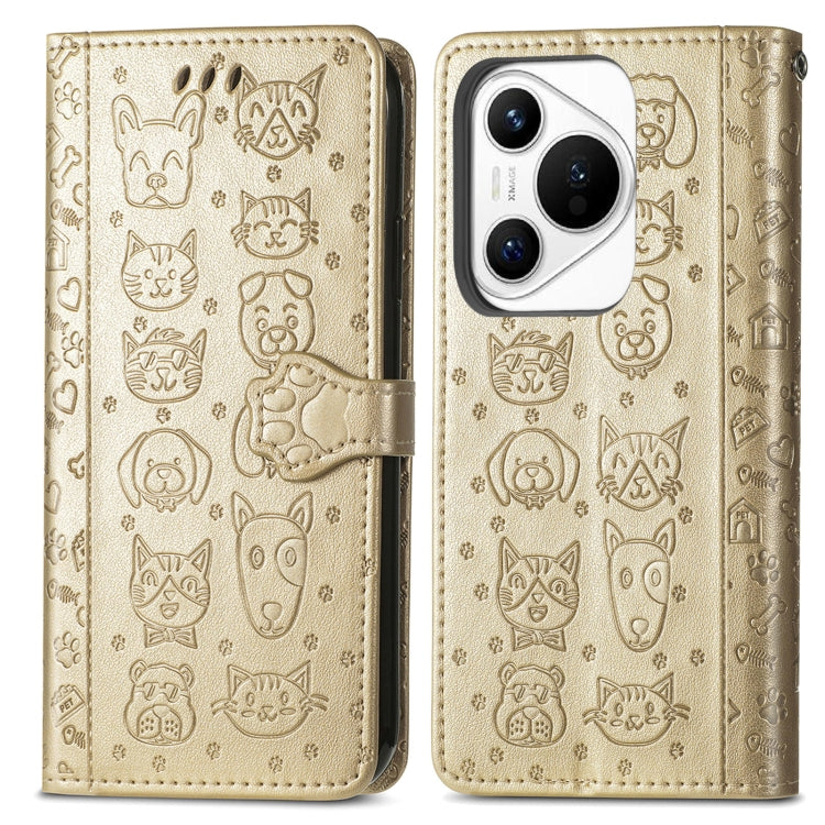 For Huawei Pura 70 Cat and Dog Embossed Leather Phone Case(Gold)