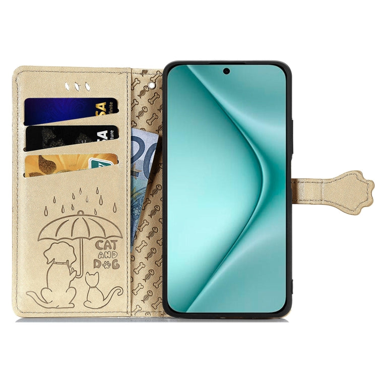 For Huawei Pura 70 Cat and Dog Embossed Leather Phone Case(Gold)