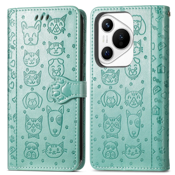 For Huawei Pura 70 Cat and Dog Embossed Leather Phone Case(Green)