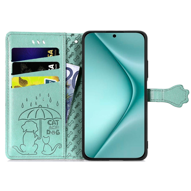 For Huawei Pura 70 Cat and Dog Embossed Leather Phone Case(Green)