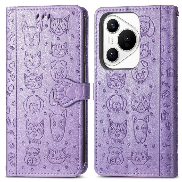 For Huawei Pura 70 Cat and Dog Embossed Leather Phone Case(Purple)