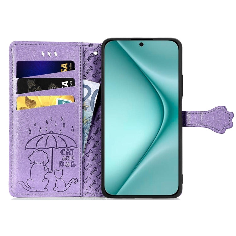 For Huawei Pura 70 Cat and Dog Embossed Leather Phone Case(Purple)