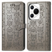 For Huawei Pura 70 Cat and Dog Embossed Leather Phone Case(Gray)