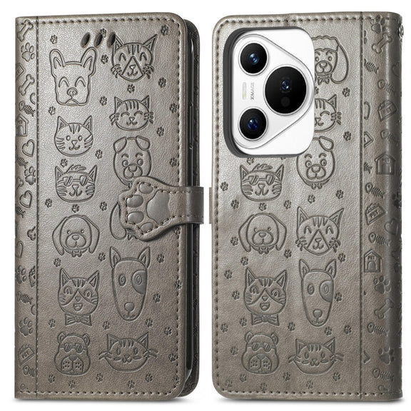 For Huawei Pura 70 Cat and Dog Embossed Leather Phone Case(Gray)