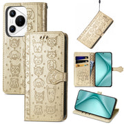 For Huawei Pura 70 Pro Cat and Dog Embossed Leather Phone Case(Gold)