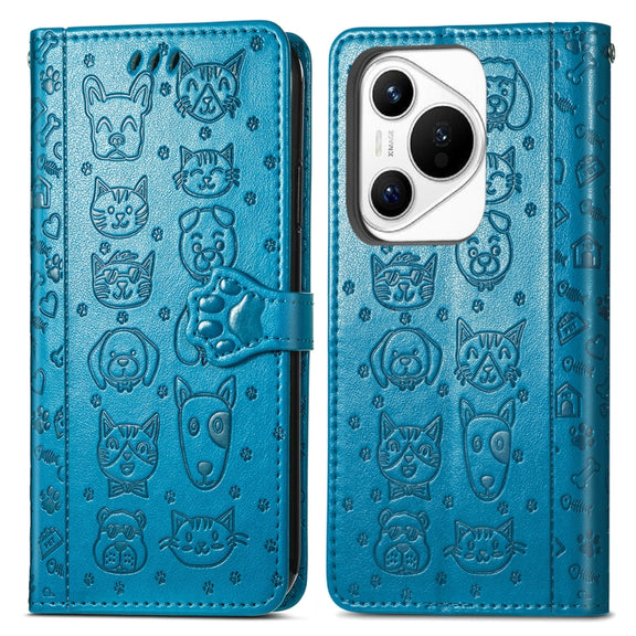 For Huawei Pura 70 Pro+ Cat and Dog Embossed Leather Phone Case(Blue)