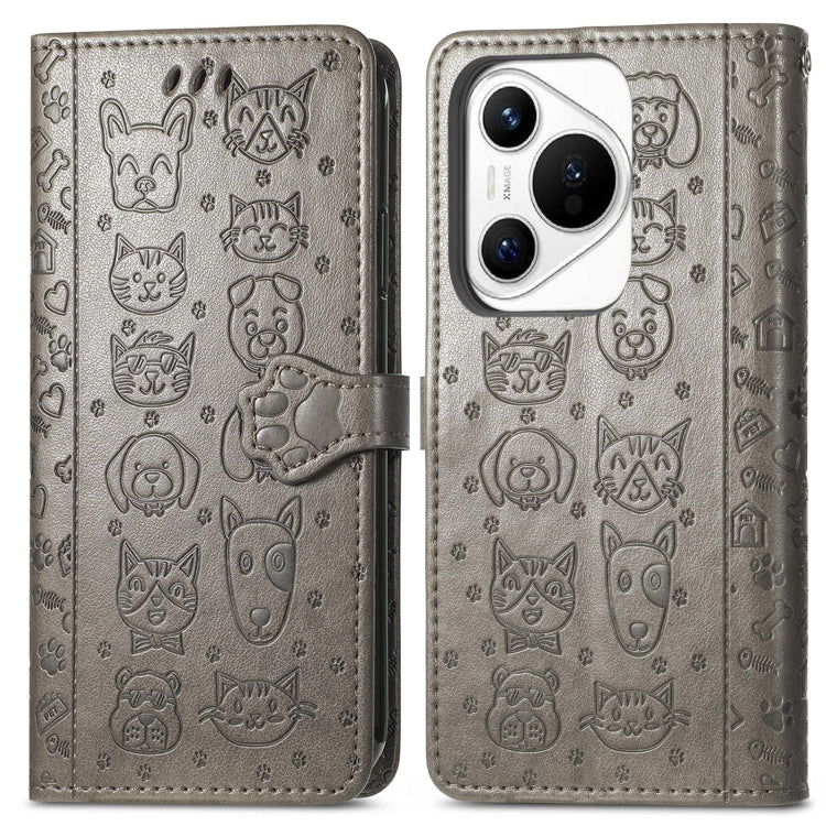 For Huawei Pura 70 Pro+ Cat and Dog Embossed Leather Phone Case(Gray)