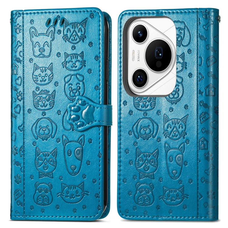 For Huawei Pura 70 Ultra Cat and Dog Embossed Leather Phone Case(Blue)