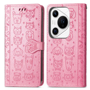 For Huawei Pura 70 Ultra Cat and Dog Embossed Leather Phone Case(Pink)