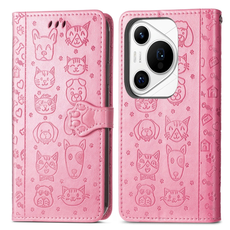 For Huawei Pura 70 Ultra Cat and Dog Embossed Leather Phone Case(Pink)