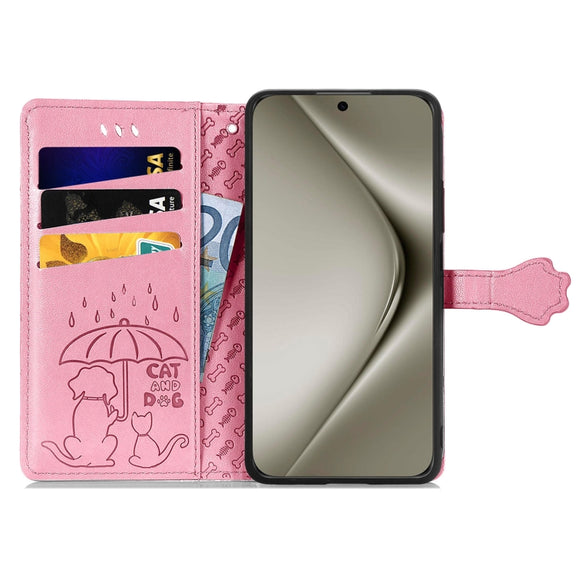 For Huawei Pura 70 Ultra Cat and Dog Embossed Leather Phone Case(Pink)