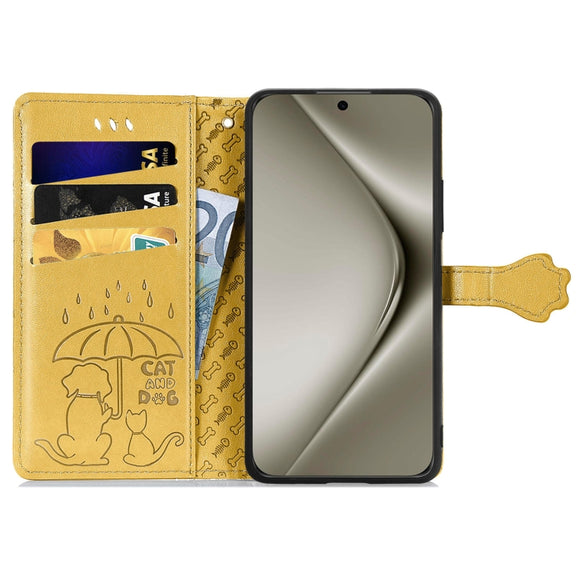 For Huawei Pura 70 Ultra Cat and Dog Embossed Leather Phone Case(Yellow)