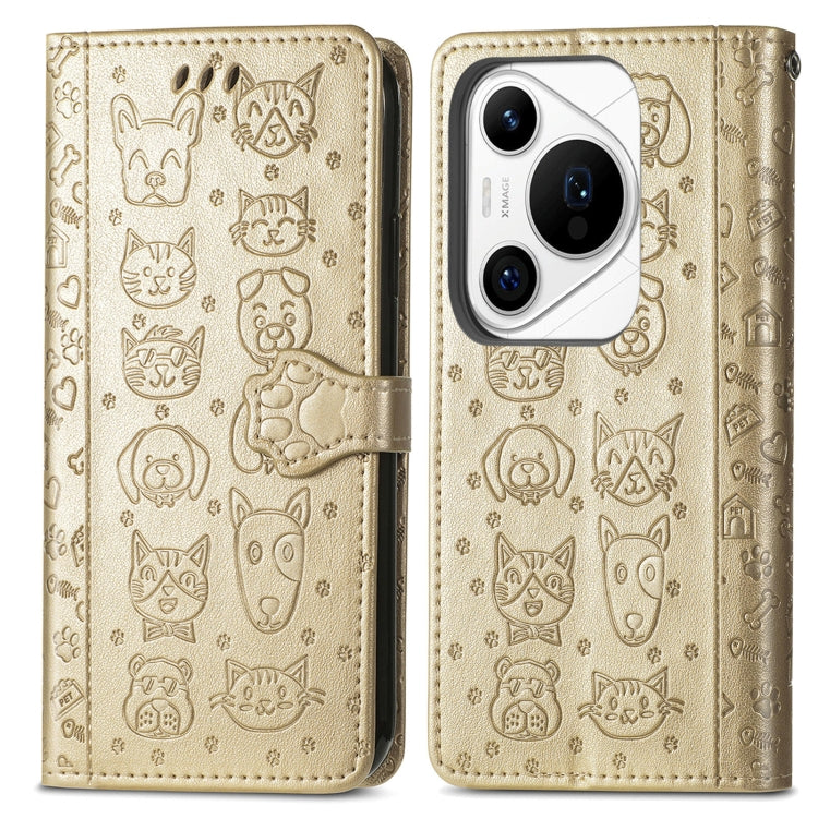 For Huawei Pura 70 Ultra Cat and Dog Embossed Leather Phone Case(Gold)