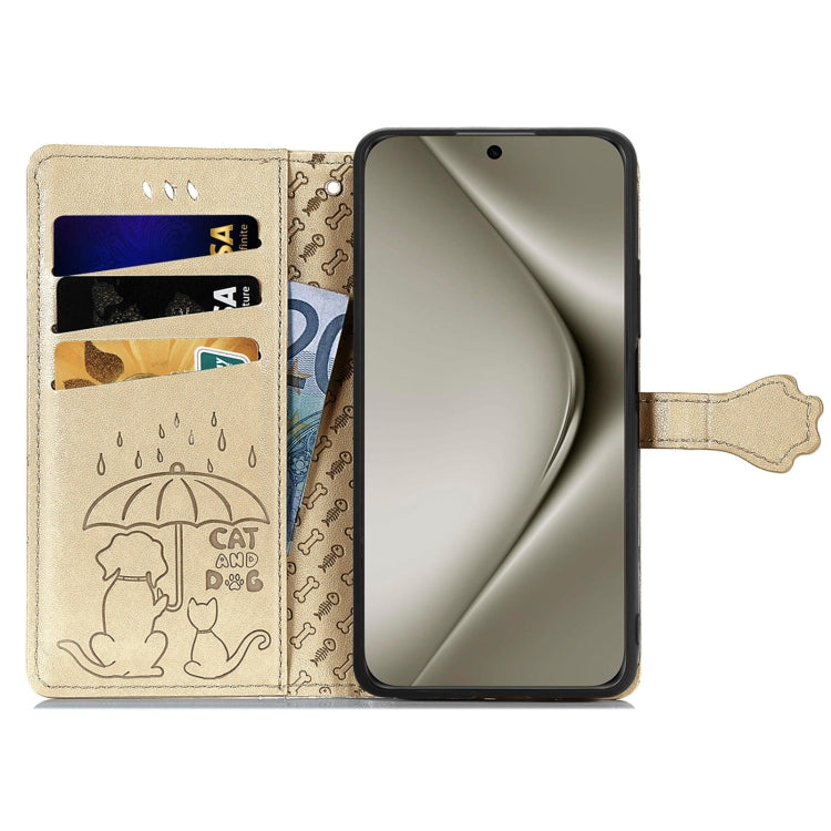 For Huawei Pura 70 Ultra Cat and Dog Embossed Leather Phone Case(Gold)