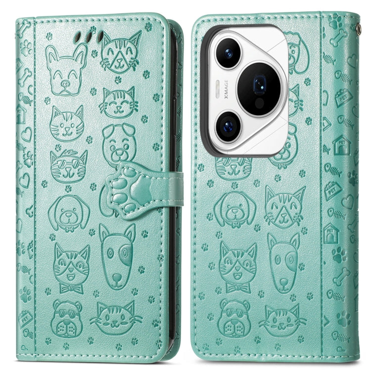 For Huawei Pura 70 Ultra Cat and Dog Embossed Leather Phone Case(Green)