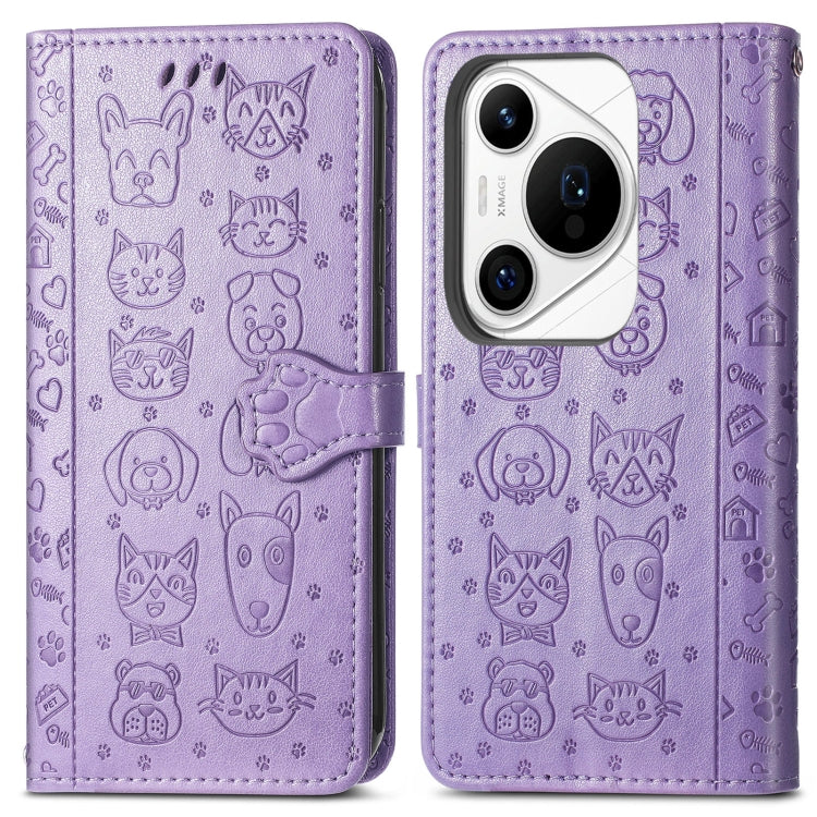 For Huawei Pura 70 Ultra Cat and Dog Embossed Leather Phone Case(Purple)