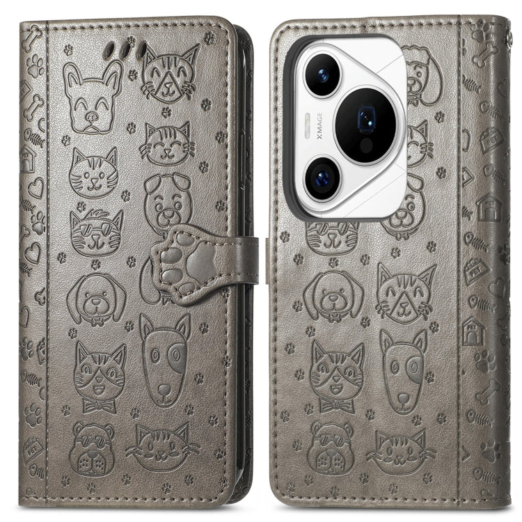 For Huawei Pura 70 Ultra Cat and Dog Embossed Leather Phone Case(Gray)