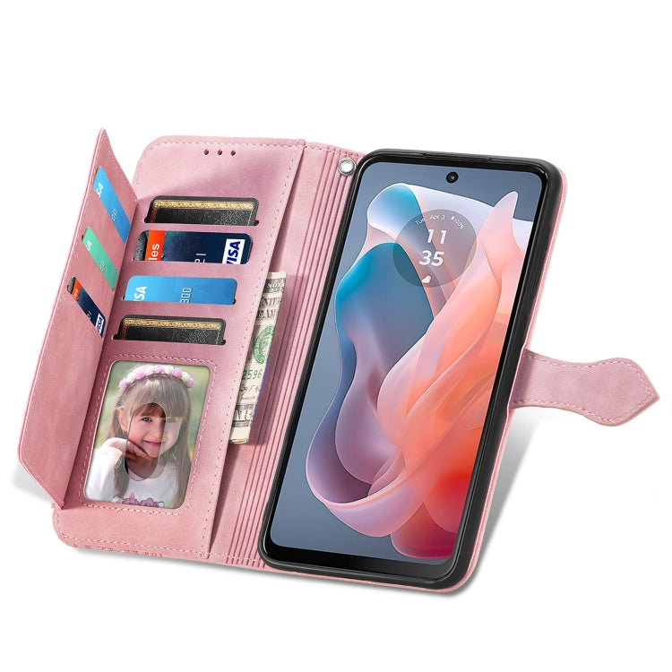 For Motorola Moto G Play 2024 Embossed Flower Zipper Leather Phone Case(Pink)