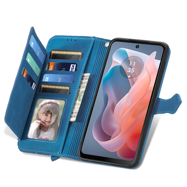For Motorola Moto G Play 2024 Embossed Flower Zipper Leather Phone Case(Blue)