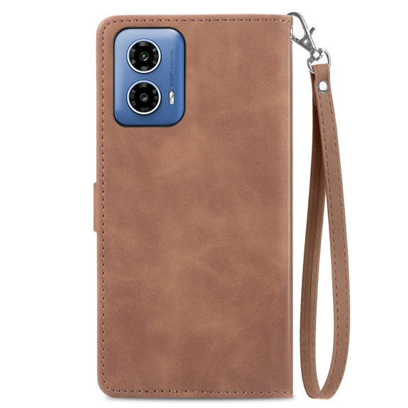 For Motorola Moto G Play 2024 Embossed Flower Zipper Leather Phone Case(Brown)