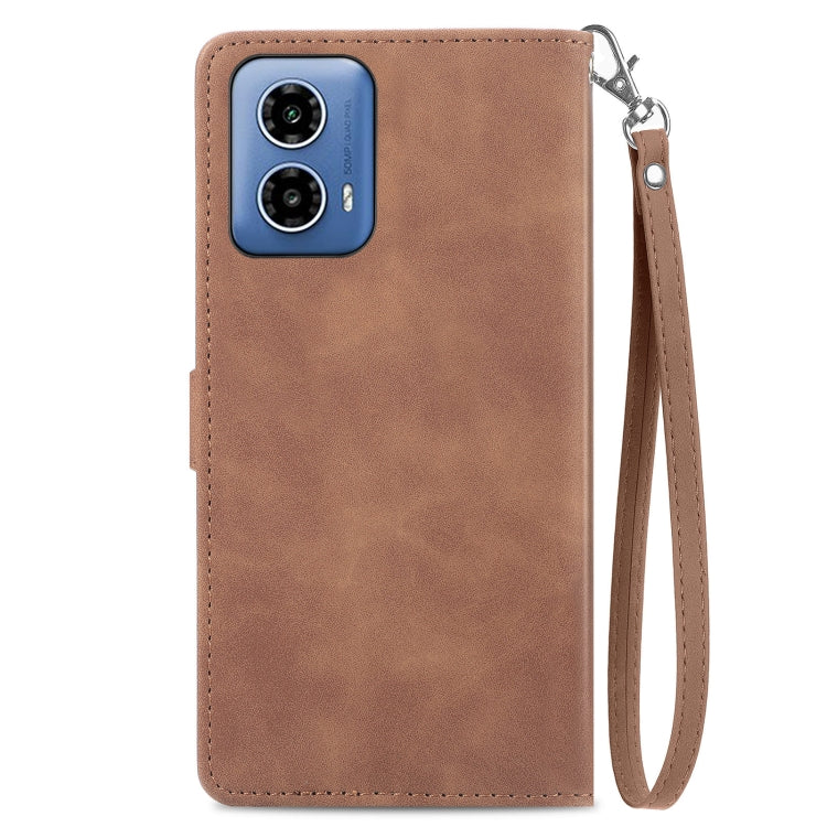 For Motorola Moto G Play 2024 Embossed Flower Zipper Leather Phone Case(Brown)