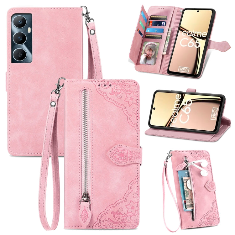 For Realme C65 Embossed Flower Zipper Leather Phone Case(Pink)