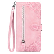 For Realme C65 Embossed Flower Zipper Leather Phone Case(Pink)