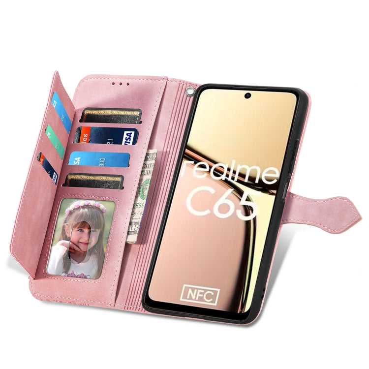 For Realme C65 Embossed Flower Zipper Leather Phone Case(Pink)