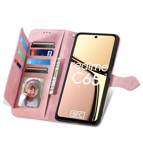 For Realme C65 Embossed Flower Zipper Leather Phone Case(Pink)