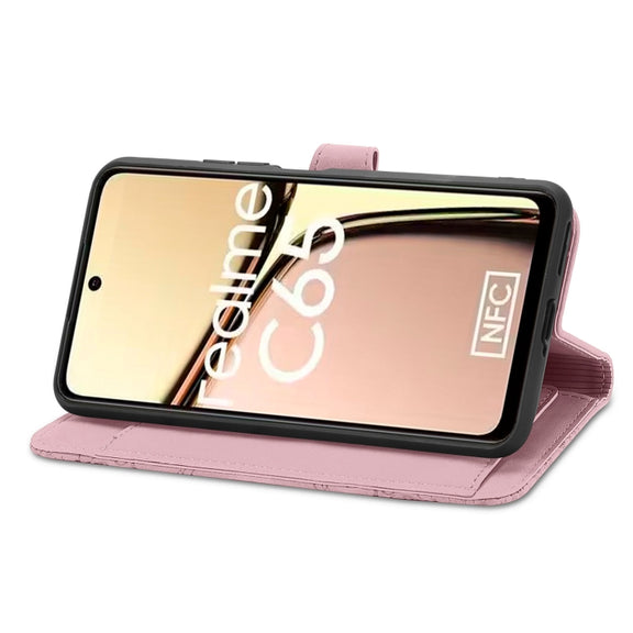 For Realme C65 Embossed Flower Zipper Leather Phone Case(Pink)