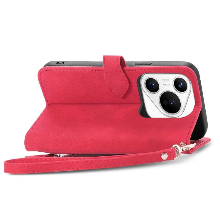 For Huawei Pura 70 Embossed Flower Zipper Leather Phone Case(Red)