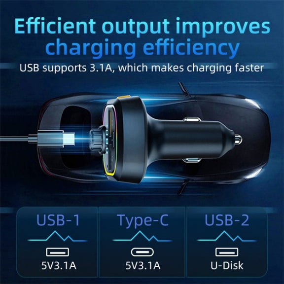 C6 Type-C+2 USB Fast Charger Audio MP3 Player Digital Display FM Car Bluetooth Transmitter