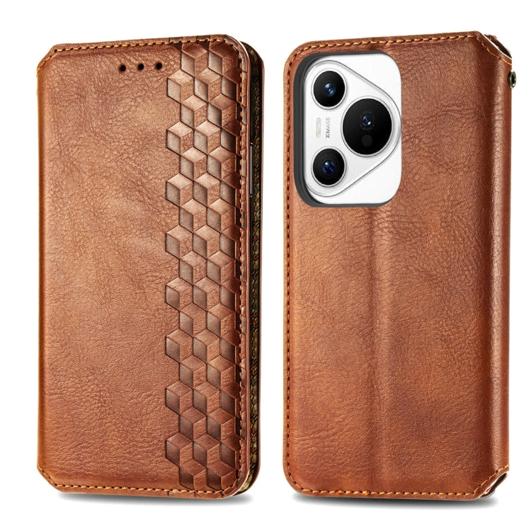 For Huawei Pura 70 Cubic Grid Pressed Magnetic Leather Phone Case(Brown)