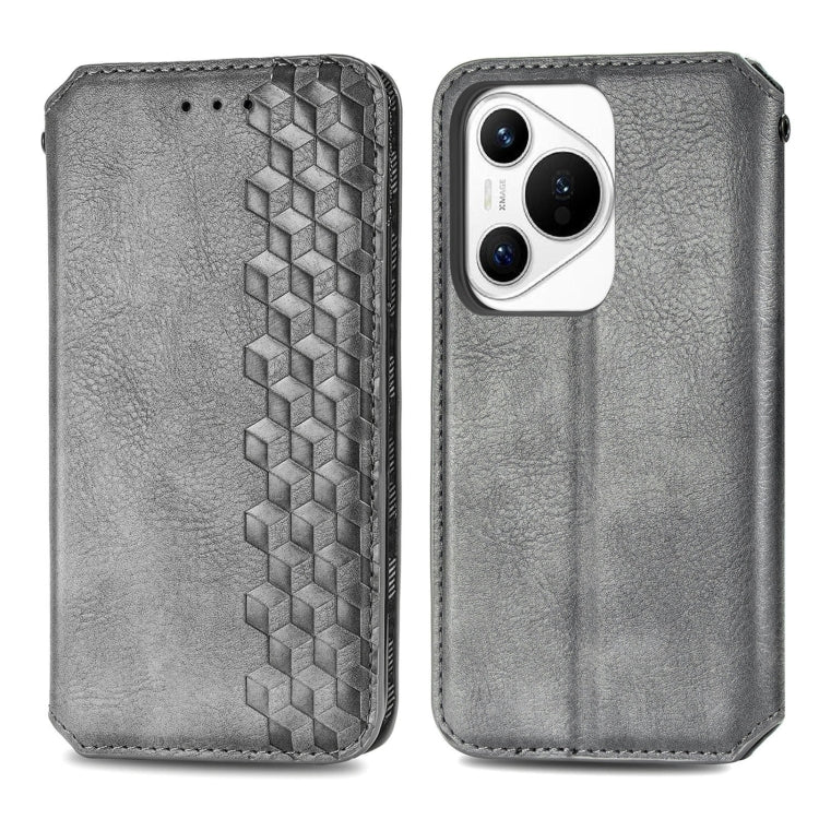 For Huawei Pura 70 Cubic Grid Pressed Magnetic Leather Phone Case(Gray)