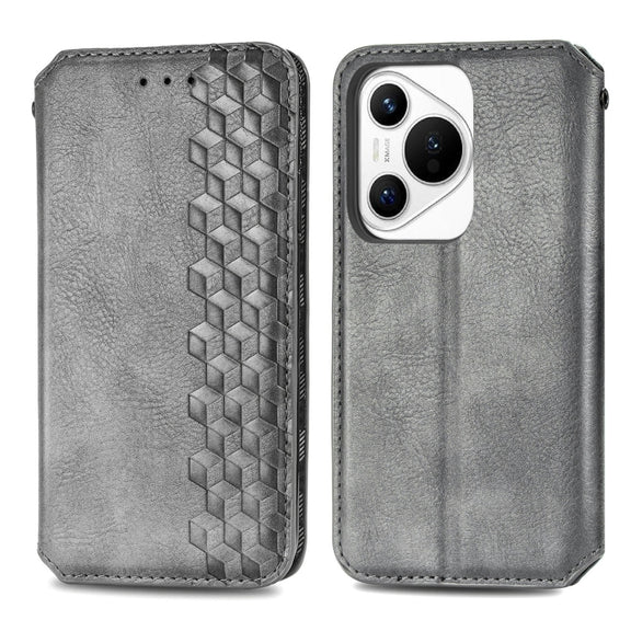 For Huawei Pura 70 Pro+ Cubic Grid Pressed Magnetic Leather Phone Case(Gray)