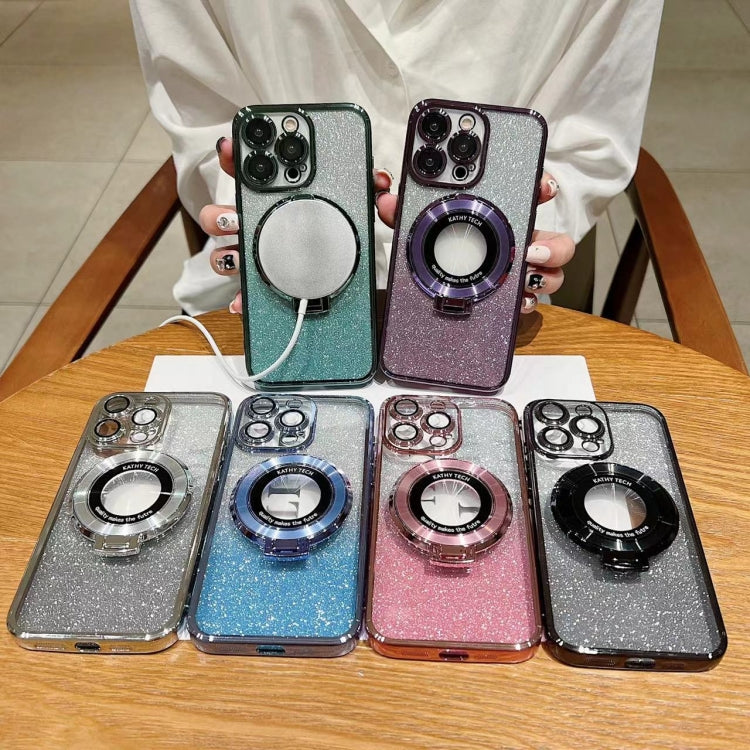 For iPhone 16 Pro Electroplated Holder Gradient Glitter MagSafe Phone Case(Green)
