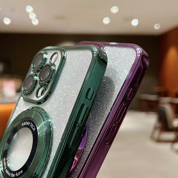 For iPhone 16 Pro Electroplated Holder Gradient Glitter MagSafe Phone Case(Green)