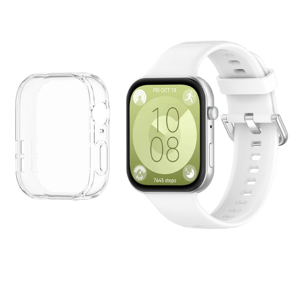 For Huawei Watch Fit3 Silicone Soft Watch Band + Clear Watch Protective Case Set(White)