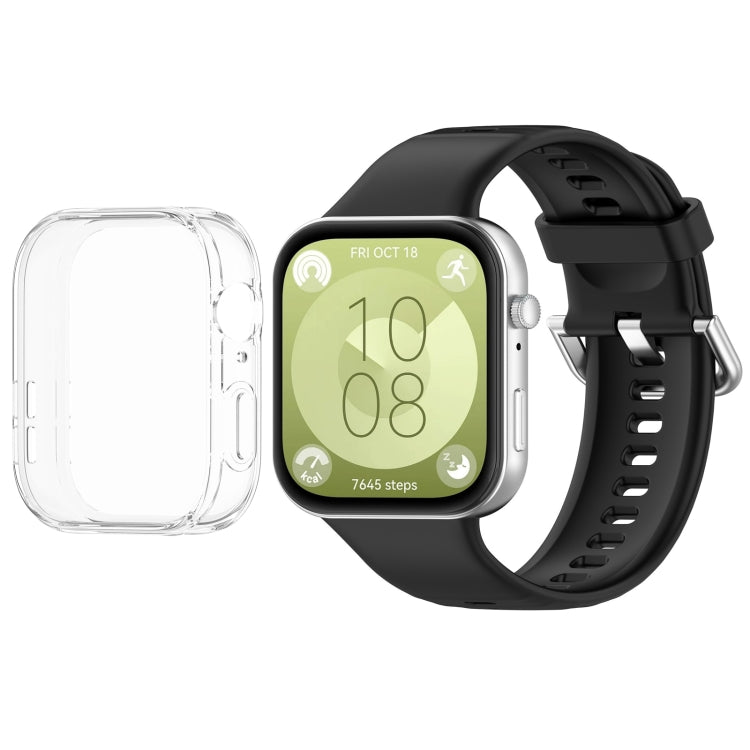 For Huawei Watch Fit3 Silicone Soft Watch Band + Clear Watch Protective Case Set(Black)