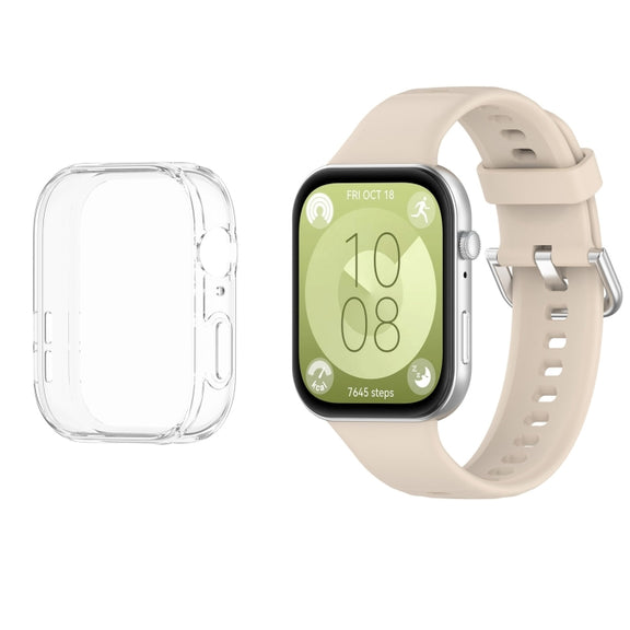 For Huawei Watch Fit3 Silicone Soft Watch Band + Clear Watch Protective Case Set(Ivory White)
