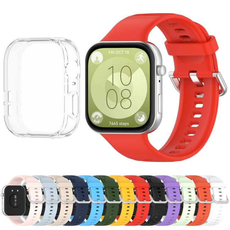 For Huawei Watch Fit3 Silicone Soft Watch Band + Clear Watch Protective Case Set(White)