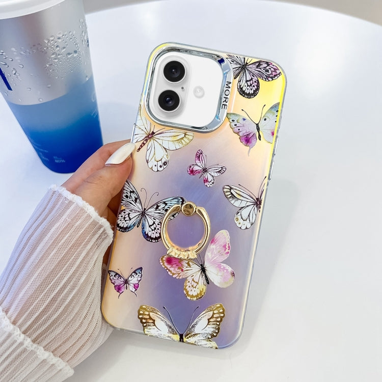 For iPhone 16 Plus Electroplating Laser Butterfly Ring Holder Phone Case(Pink Butterflies AB2)