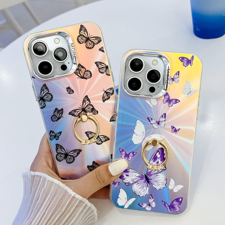 For iPhone 16 Electroplating Laser Butterfly Ring Holder Phone Case(Color Butterflies AB1)