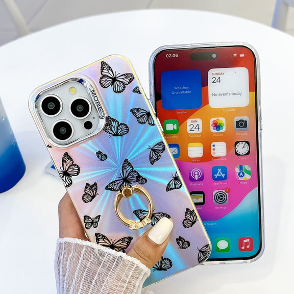 For iPhone 16 Electroplating Laser Butterfly Ring Holder Phone Case(Color Butterflies AB1)