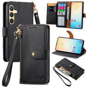 For Samsung Galaxy S25 5G Love Zipper Lanyard Leather Phone Case(Black)