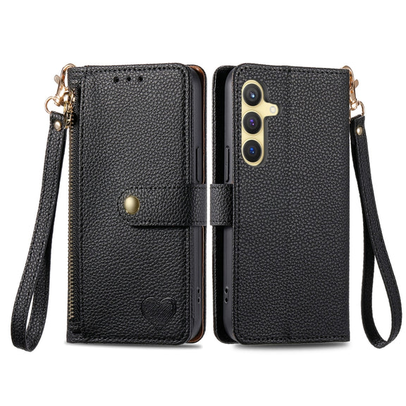 For Samsung Galaxy S25 5G Love Zipper Lanyard Leather Phone Case(Black)