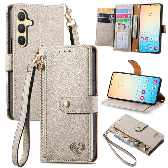 For Samsung Galaxy S25 5G Love Zipper Lanyard Leather Phone Case(Gray)