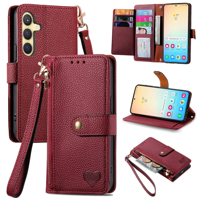 For Samsung Galaxy S25 5G Love Zipper Lanyard Leather Phone Case(Red)