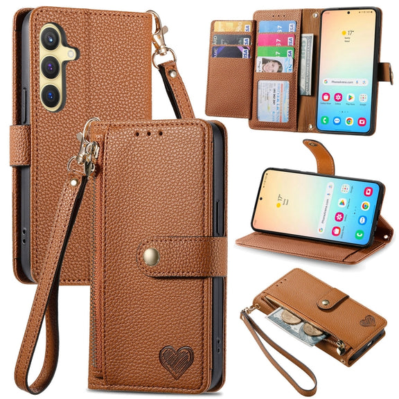 For Samsung Galaxy S25+ 5G Love Zipper Lanyard Leather Phone Case(Brown)